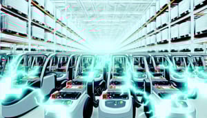 an evocative image of battery chargers that charge a fleet of electric forklifts, set in a factory environment-2